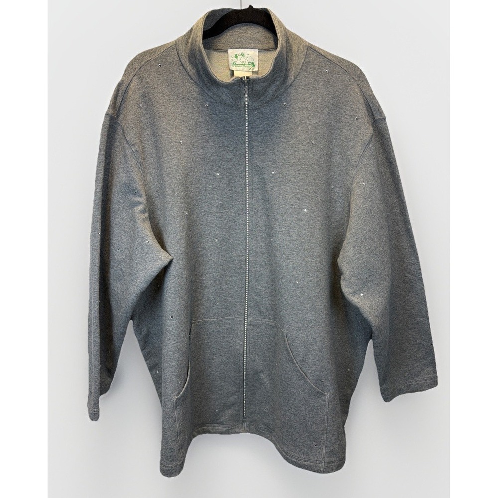 Quacker Factory Cardigan Full Zip Jacket 2X Grey Rhinestones Embellished